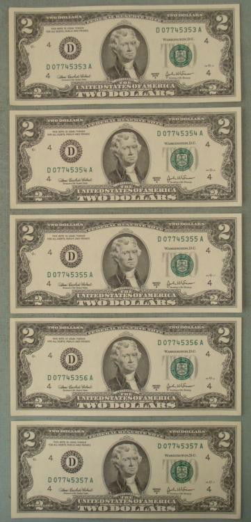 5 Consec Number CU 2003-A $2 Notes Bills D Mint: (5) $2 Two Dollar Notes, all with consecutive serial numbers Mint mark: D (Cleveland) Condition: Crisp Uncirculated 