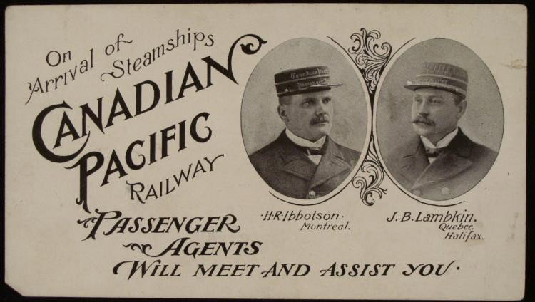 Canadian Pacific Railway Railroad Steamship Card: This original antique card was provided for travelers arriving to Canada by steamship. Once landed, they could make connection with an awaiting passenger train on the Canadian Pacific Railway line. Tw