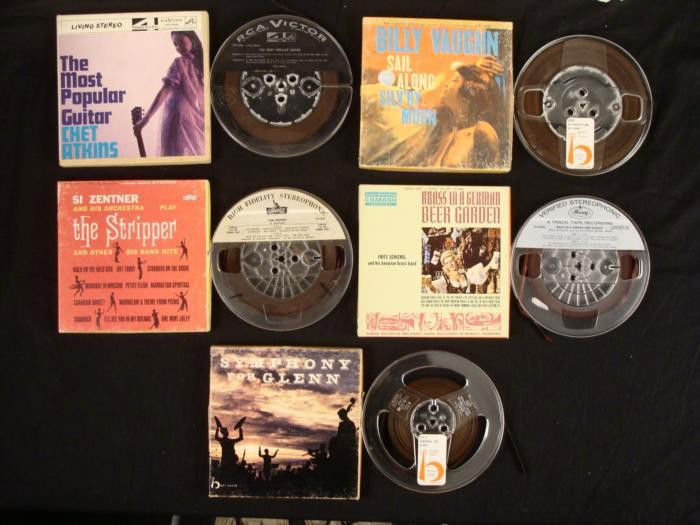 5 Reel to Reel 4 Track Tapes: Big Band, Jazz, Pop: Here are 5 vintage four track albums: Chet Atkins "The Most Popular Guitar" Billy Vaughn "Sail Along Silv'ry Moon" The Hamburg Philharmonic Orchestra "Symphony for Glenn" Si Zentner "The Stripper" Fri
