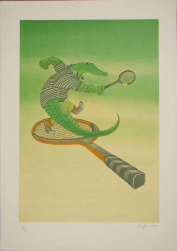 Fabulous Funny ALLIGATOR TENNIS Signed LE Art Print: Perfect for the tennis player! * Title: "Tennis" * Noted "Castillon 'Tennis' Pulled for the Lacoste Company" in pencil on the verso * Lithography on Arches like paper * Signed "Griffouliere" in pencil