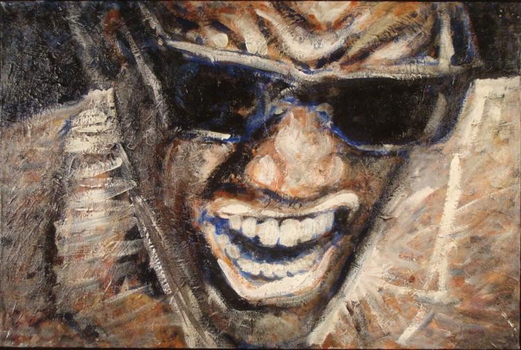 Larry Todie Original Signed Painting Ray Charles: This is an original painting of legendary musician and composer Ray Charles. His signature smile and shades are emphasized by the close-up view in this engaging portrait. * * Artist: Larry Todie Title
