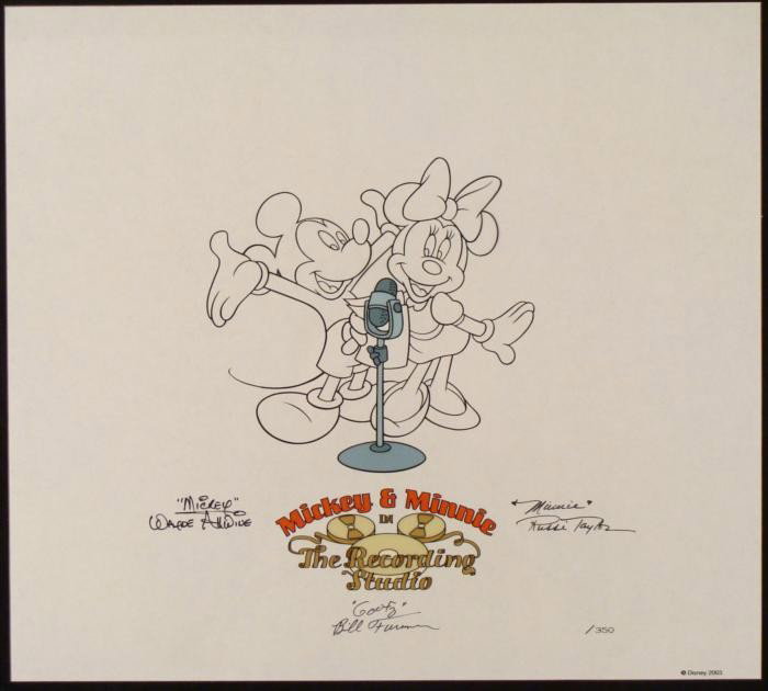 Disney Mickey Minnie Voice Signed Sericel Animation Art: This is a terrific Disney Sericel has a drawing of Mickey & Minnie in the studio ready to record a radio play. What makes this extra special is that it was signed by the voice actors! * Title: Mic