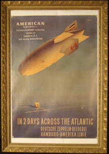 American Airlines Hindenburg Advertising Poster: This poster from American Airlines advertised their exclusive connecting service with the famous Airship Hindenburg for flights across the Atlantic. The great zepplin is portrayed, pre-war, with Nazi