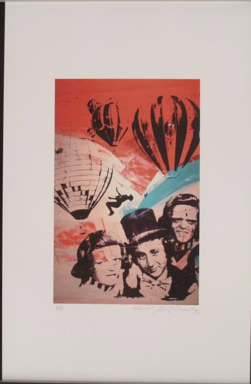 Bobby Hill Signed Willie Wonka Pop Art Print: Willie Wonka and his Oompa Loompas are portrayed in this fantastic Pop Art print, with dreamy balloons sailing overhead. Artist: Bobby Hill Title: Willie Wonka Signature: In pencil, lower right Editio