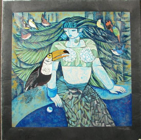 Zhou Ling TROPICAL NIGHT Rice Paper Yunnan Art Print: This sultry and sensuous print is by Zhou Ling, a well-known and very popular artist of the Yunnan School: Title: "Tropical Night" Limited edition serigraph on rice paper Signed and numbered in Roman