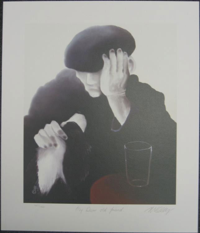 Mackenzie Thorpe My Dear Old Friend Ltd Ed. Art Print: A man seeks the companionship of an old friend, his faithful dog, in this comforting art print. Artist: Mackenzie Thorpe Signed and numbered in pencil * Title: My Dear Old Friend Medium: Serigraph on