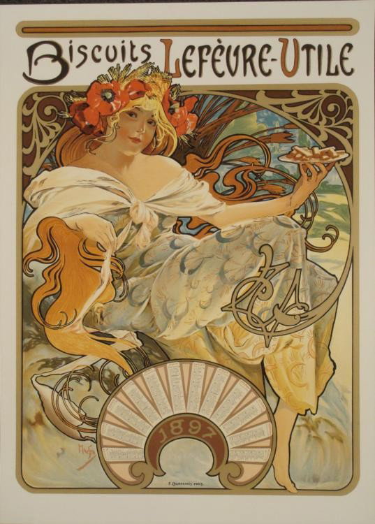 Alphonse Mucha : Biscuits Lefeure-Utile LU Art Print: Mucha created this fabulous 1897 calendar ad for the Lef vre-Utile Biscuit Co, and he was the first to utiize the initials for the company, LU, which is now how it is most widely recognized. Artist: A