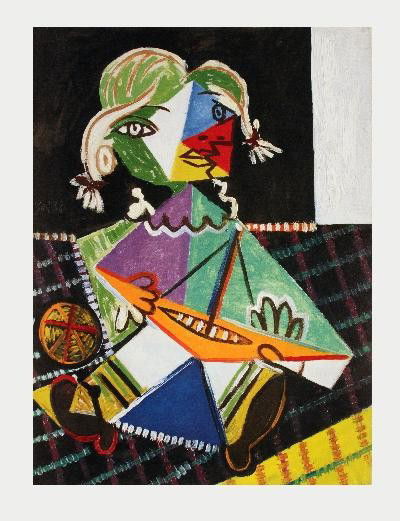 Picasso Maya with Sail Boat Poster: Reference #: ULGH1705 Artist Name: Picasso, Pablo Title: Maya with Sail Boat Medium: Offset Lithograph Edition Size: Unknown Year: Unknown Paper Size: 27.5 x 21.25 inches Image Size: 24.25 x 18 in