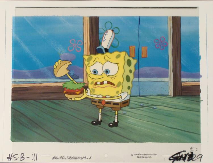 Original Cel SpongeBob Background Pickles Animation Art: This animation cel and reproduction background are from the Nickelodeon TV show SpongeBob Squarepants. The story takes place under the deep blue sea in Bikini Bottom, where Sponge