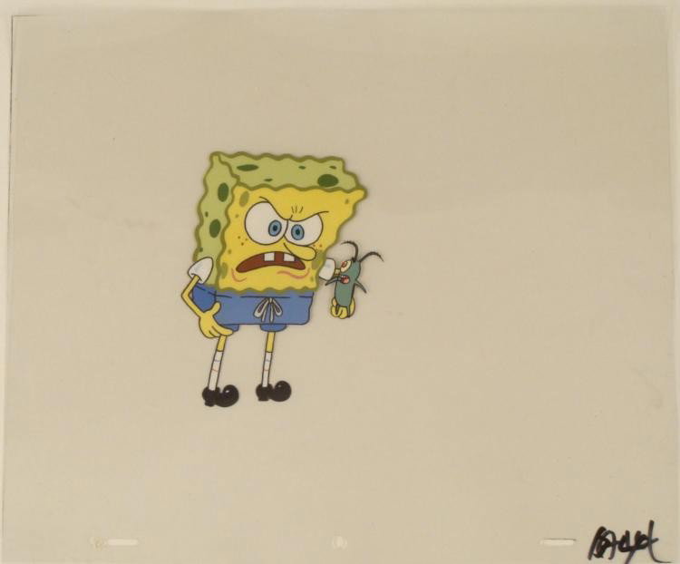 Production Spongebob Don't Mess with Him Original Cel: This original animation cel is from the Nickelodeon TV show SpongeBob Squarepants. The story takes place under the deep blue sea in Bikini Bottom, where SpongeBob resides. Sp