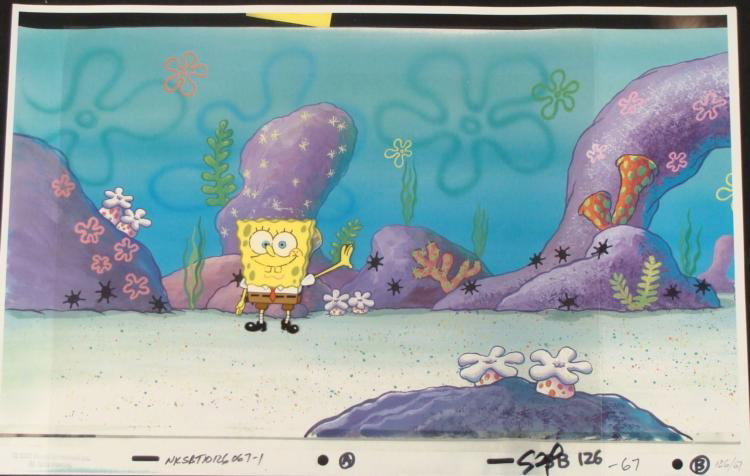 Original Cel Spongebob Wicked Rock Animation Background: This animation cel and reproduction background are from the Nickelodeon TV show SpongeBob Squarepants. The story takes place under the deep blue sea in Bikini Bottom, where Sponge