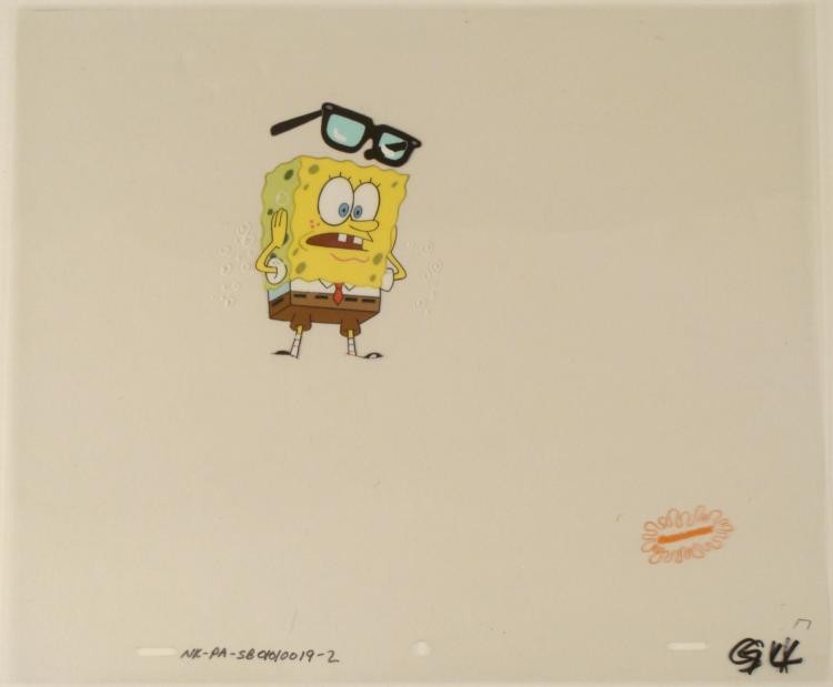 Cel My Glasses Production Art Spongebob Original: This animation cel and reproduction background are from the Nickelodeon TV show SpongeBob Squarepants. The story takes place under the deep blue sea in Bikini Bottom, where Sponge