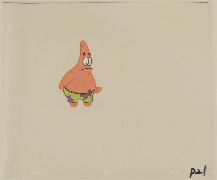 Original SpongeBob Cel Production Patrick Down Art: This original animation cel is from the Nickelodeon TV show SpongeBob Squarepants. The story takes place under the deep blue sea in Bikini Bottom, where SpongeBob resides. Sp