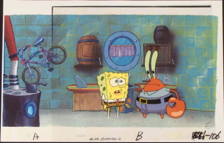 Production Background SpongeBob Cel Bike Pot Original: This animation cel and reproduction background are from the Nickelodeon TV show SpongeBob Squarepants. The story takes place under the deep blue sea in Bikini Bottom, where Sponge