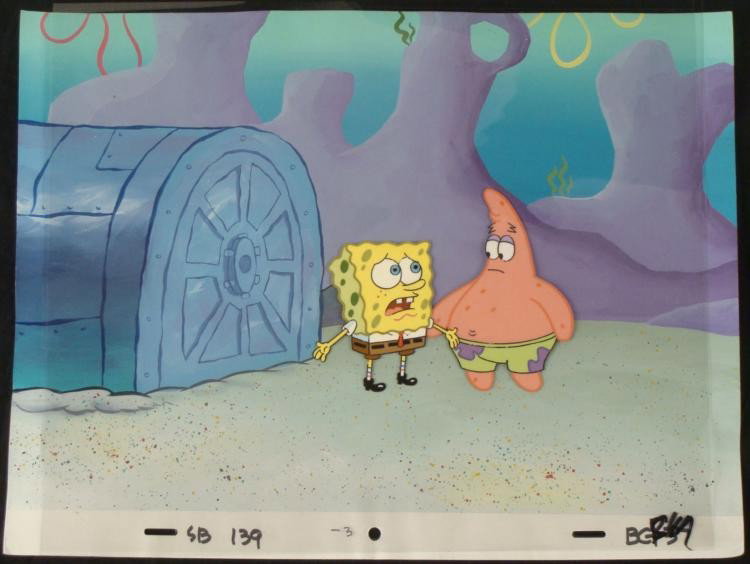 Original Background Cel Spongebob Animation Help Here: This original hand-painted background and animation cel is from the Nickelodeon TV show SpongeBob Squarepants. The story takes place under the deep blue sea in Bikini Bo