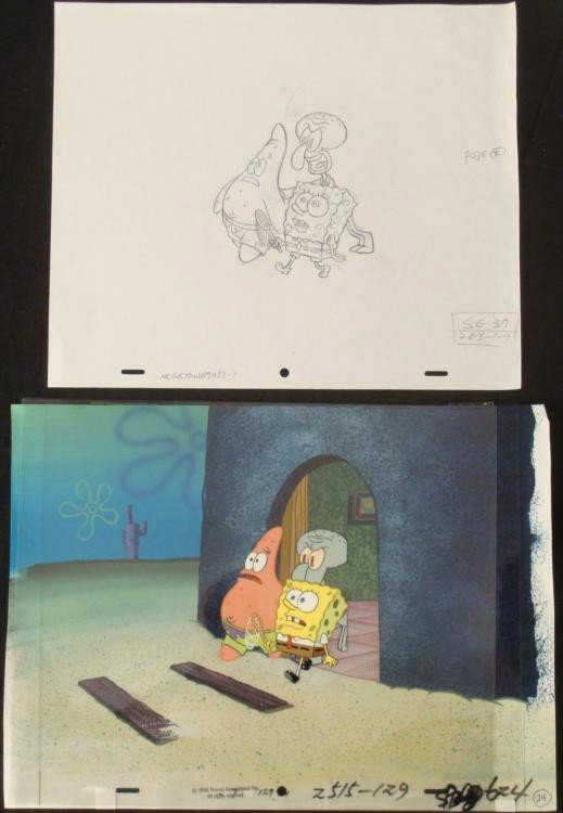 Cel Background Spongebob Animation Drawing Original: This original hand-painted background and animation cel is from the Nickelodeon TV show SpongeBob Squarepants. The story takes place under the deep blue sea in Bikini Bo