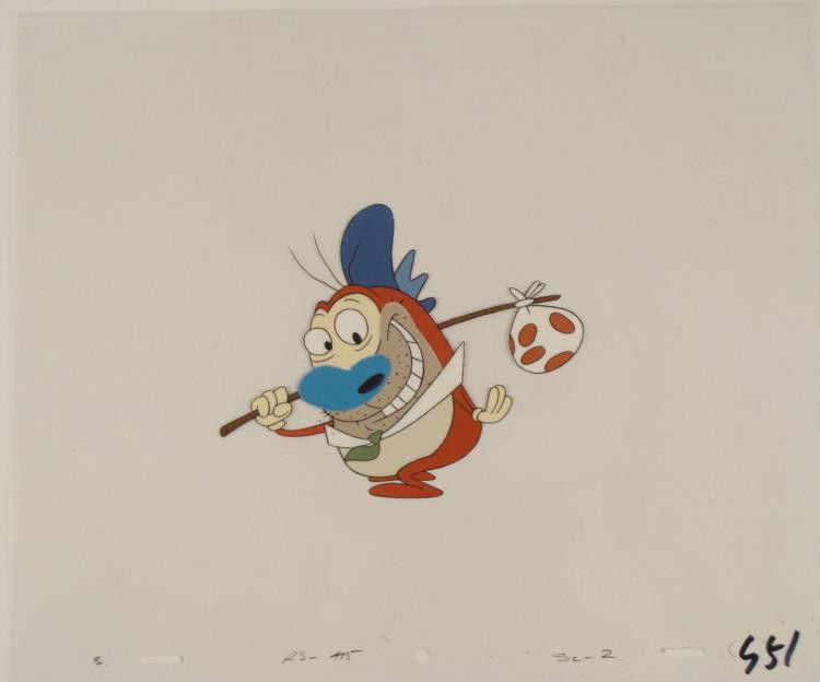 Cel Hitchhiking Original Ren and Stimpy Art Cel: This is an original production animation cel from the Nickelodeon TV show Ren & Stimpy. The show follows two characters - Ren, a crazy Chihuahua - and - Stimpy, an incredibly stupid