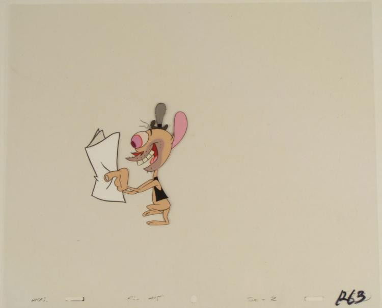Reading Original Ren And Stimpy Newspaper Cel Animation: This is an original production animation cel from the Nickelodeon TV show Ren & Stimpy. The show follows two characters - Ren, a crazy Chihuahua - and - Stimpy, an incredibly stupid