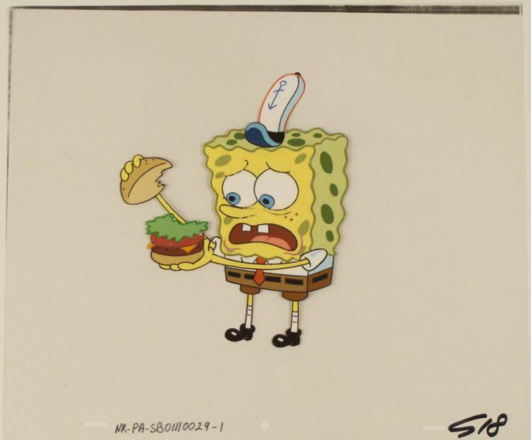 Production SpongeBob Cel Patty Missing Pickles Original: This original animation cel is from the Nickelodeon TV show SpongeBob Squarepants. The story takes place under the deep blue sea in Bikini Bottom, where SpongeBob resides. Sp
