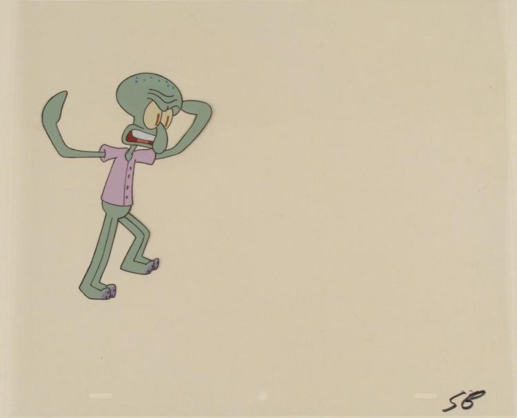 Cel Spongebob Original Knock Sense Into You Production: This original animation cel is from the Nickelodeon TV show SpongeBob Squarepants. The story takes place under the deep blue sea in Bikini Bottom, where SpongeBob resides. Sp