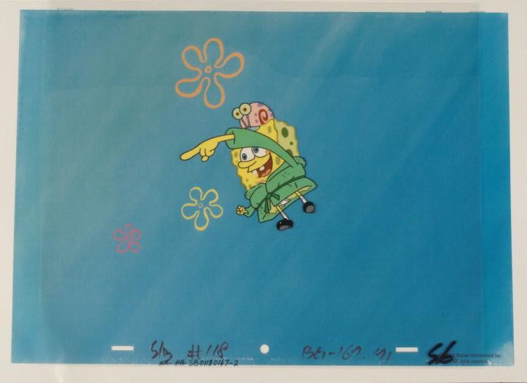 Cel Original Animation Over There Background Spongebob: This animation cel and reproduction background are from the Nickelodeon TV show SpongeBob Squarepants. The story takes place under the deep blue sea in Bikini Bottom, where Sponge