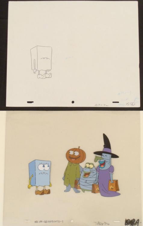 Original Trick or Treat Cel Animation Spongebob Drawing: This original animation cel and drawing are from the Nickelodeon TV show SpongeBob Squarepants. The story takes place under the deep blue sea in Bikini Bottom, where SpongeBo