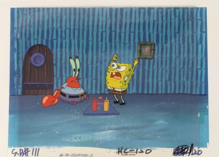 Outraged SpongeBob Original Cel Animation Background: This animation cel and reproduction background are from the Nickelodeon TV show SpongeBob Squarepants. The story takes place under the deep blue sea in Bikini Bottom, where Sponge