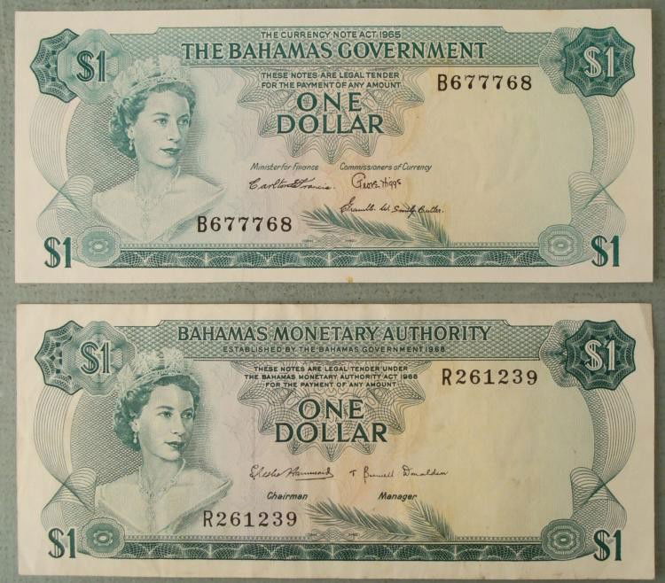 2 Bahamas Paper One Dollar Bills 1965, 68: 2 Bahamas Paper One Dollar Bills * Dates: 1965 (uncirculated), 1968