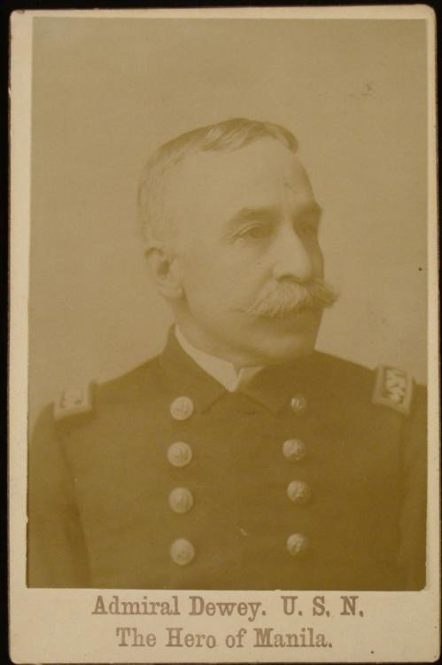 Original Cabinet Card Photo- Admiral Dewey Span Am War: This is an original antique Cabinet Card Photo of Admiral Dewey of the Spanish American War. The title calls him "The Hero of Manila." The photograh is in excellent condition, with very slight wear, a