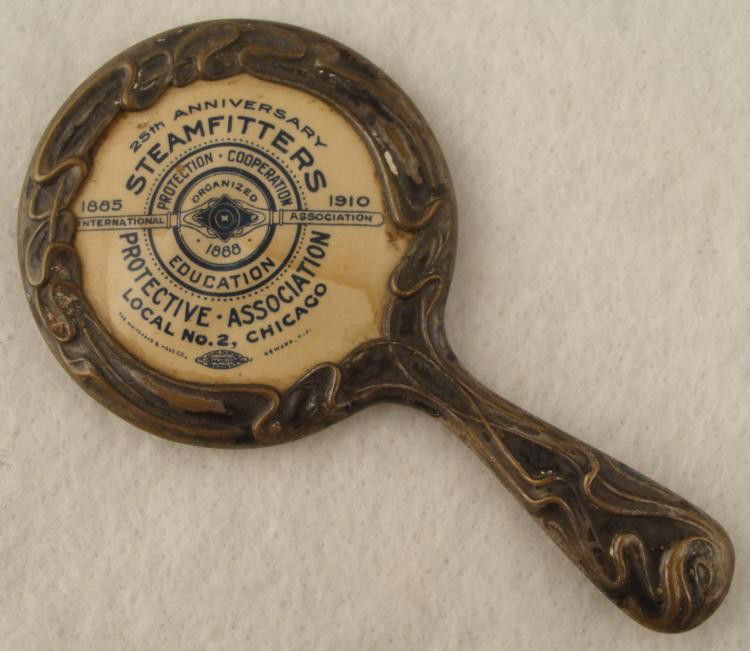 Art Nouveau Antique Mirror Steamfitters Union 1910: This beautiful little mirror was produced for the 25th anniversary of the Steamfitters Protective Association Local No. 2, Chicago, in 1910. The design is early late Art Nouveau, and it appears to be