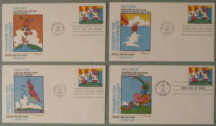 Set 4 Peter Max Environmental First Day Covers FDC 1974: This is a set of four First Day Covers from the Preserve the Environment series created by legendary artist Peter Max. These are from Expo 74, and each has a different cover. They have identical 1974