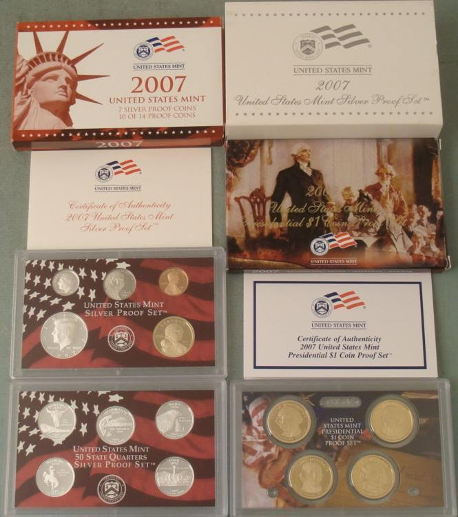 2007 14 Pc US Mint Silver Proof Set w/Presidential MIB: 2007 14 Piece US Mint Silver Proof Set, with Presidential coins * Condition: Mint in original box Includes: Certificate of Authenticity