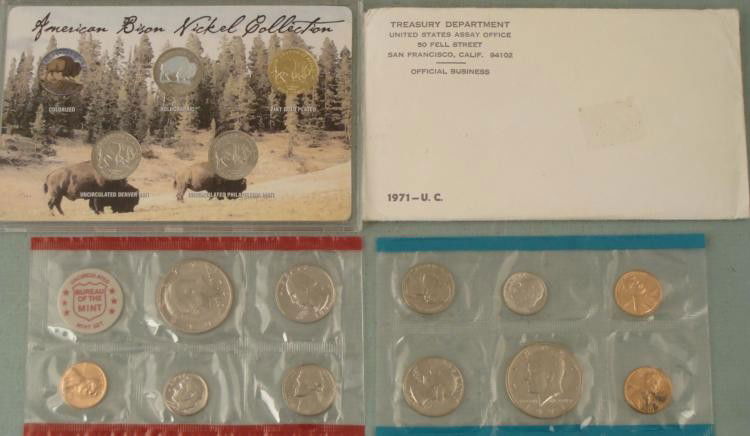 American Bison 5 Pc Nickel Collection & 1971 Mint Set: American Bison 5 Piece Nickel Collection, encased, with one colorized 1971 Mint Set with envelope