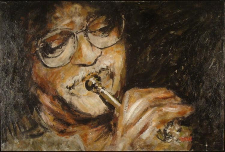 Larry Todie Original Signed Jazz Painting Clark Terry: This is an original painting of pioneering swing and bop trumpeter Clark Terry. The close-up portrait presents an intimate feeling with the jazz great, who's worked with the legendary Duke Ellington a