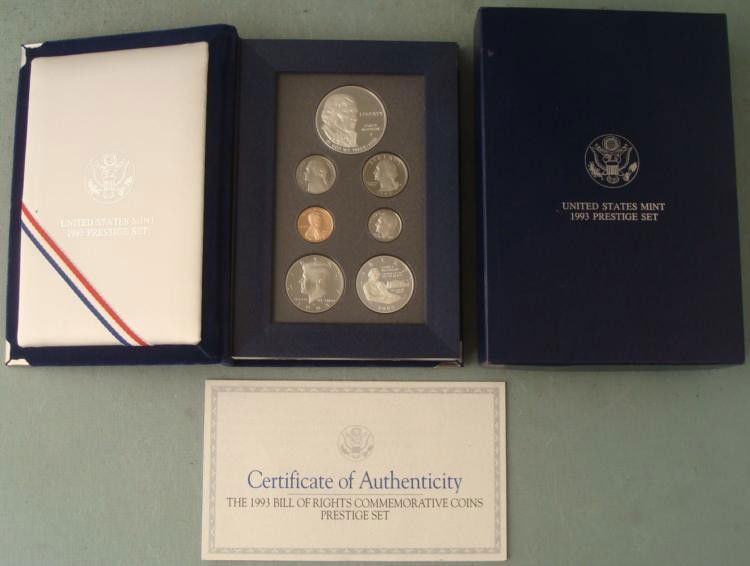 1993 US Bill of Rights Prestige Set w/Silver Dollar,COA: 1993 US Mint Bill of Rights Prestige Set * Includes: 7 coins, including 1 silver dollar and 1 half dollar commemorating James Madison signing the Bill of Rights; in fold-open display case, with Certif