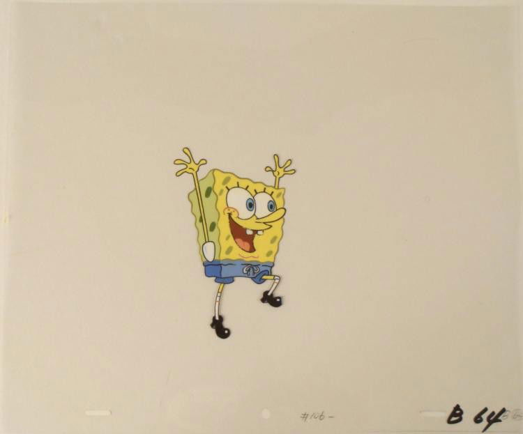 Original Cel Art Spongebob Jumping for Joy Animation: Squarepants. The story takes place under the deep blue sea in Bikini Bottom, where SpongeBob resides. SpongeBob, who is a yellow, porous sponge, is your typical happy-go-lucky characte