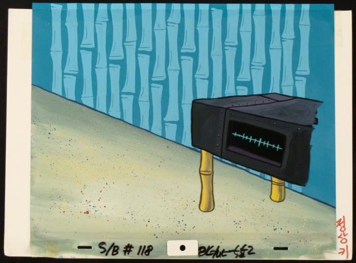 SpongeBob Stereo Original Background Animation Cel Art: This original hand-painted background and animation cel are from the Nickelodeon TV show SpongeBob Squarepants. The story takes place under the deep blue sea in Bikini B
