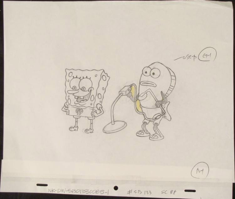 Original Drawing Animation Searching for Gold Spongebob: This original animation art pencil drawing was done for SpongeBob Squarepants. The notations are: OSEP and G-1 . It appears that Spongebob and Scooter may be searching for gold or som
