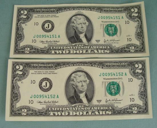 2 Consec # CU 2003 A $2 Bills Notes J Mint Kansas City: (2) 2003-A $2 bills * * Serial numbers: Consecutive * Mint mark: J (Kansas City) * Grade: Crisp Uncirculated * * Note: Bills will have different serial numbers than those pictured