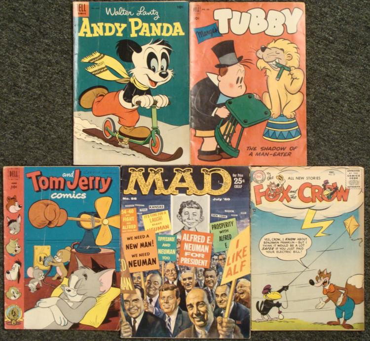 5 VINTAGE 1950S COMICS & 1 MAD MAGAZINE -JULY 1960: 5 VINTAGE 1950'S COMICS * MAD MAGAZINE -JULY 1960 THE FOX AND THE CROW, DEC. 1955 MARGE'S TUBBY 1952 NO. 430 TOM AND JERRY JUNE 1952 ANDY PANDA JAN-MAR. 1955 CONDITION: GOOD OVERALL, SOME COVER CREASI