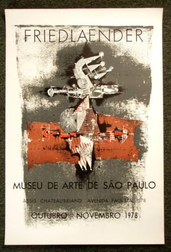 1978 JOHNNY FRIEDLAENER Art Exhibition Poster Mid-Mod: Offered here is a dynamic poster for an exhibit of the work of well-known and influential 20th century artist and printmaker, Johnny Friedlaender (German/French 1912 - 1992): * 1978 * Museu de Arte S&