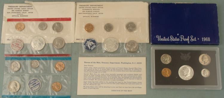 1965, 68 Mint Set, 1968 Proof Set In Orig Pack, COAs: 3 coin sets * 1965 mint set 1968 mint set 1968 proof set Condition: All in original packages, some with COA's