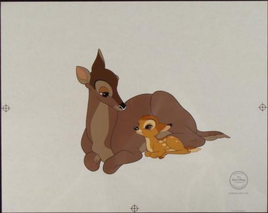 Bambi Deer to My Heart Walt Disney Sericel Art: Comfortable in his home in the wooden thicket, newborn fawn Bambi looks up adoringly to his beloved mother. This is a limited edition sericel that depicts characters from Walt Disney's 1942 clas