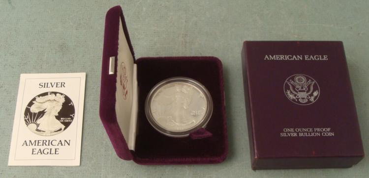 1993 American Silver Eagle Dollar $1 Proof w/Box, COA: 1993 American Eagle Silver Dollar * Type: Proof Content: .999 troy oz. Fine Silver Diameter: 40.60 mm Includes: Plastic coin holder, hinged velvet box with eagle emblem, and Certificate of Authenticit