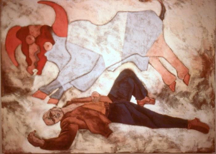 Robert Winslow Original Oil Painting Unconscious: A man has been knocked unconscious by a bull in this dramatic original painting. The fury of the bull is emphasized by its stark abstract form and colors. * * Artist: Robert Winslow Title: Hors