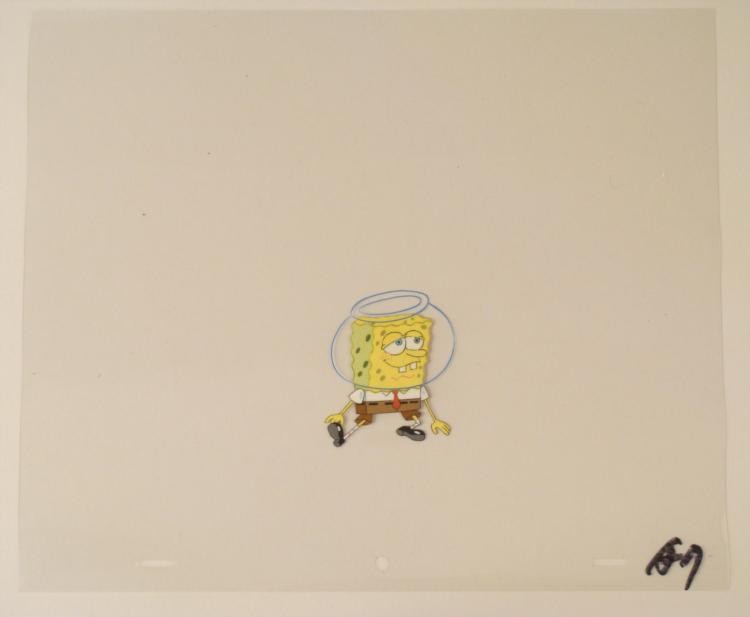 Stretching SpongeBob Original Animation Art Cel Water: This original animation cel is from the Nickelodeon TV show SpongeBob Squarepants. The story takes place under the deep blue sea in Bikini Bottom, where SpongeBob resides. Sp