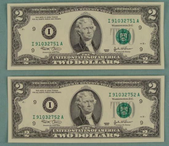 2) 2003 Consec # $2 Notes Two Dollar Bills I Mint MN CU: 2) 2003 $2 Notes with consecutive serial numbers * * Mint mark: I (Minneapolis) * Condition: Crisp Uncirculated * * Serial number may be different from that pictured