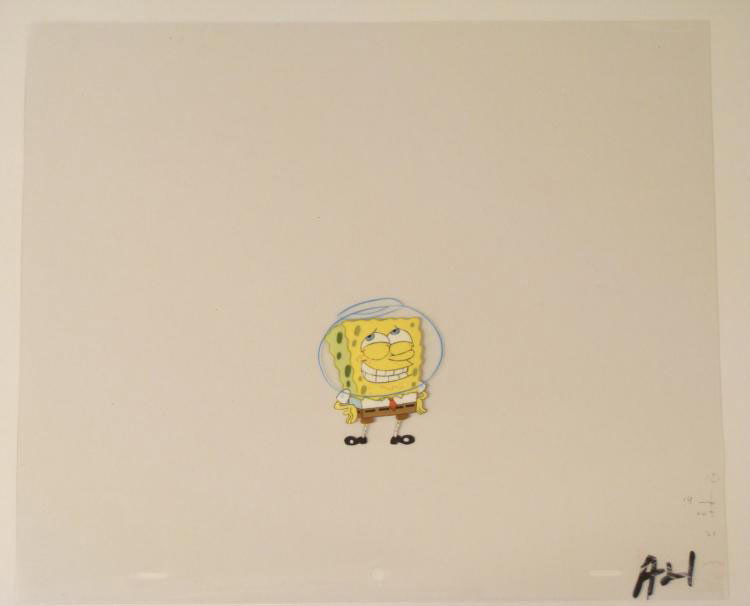 Fish Bowl Original Animation Art SpongeBob Cel Smile: This original animation cel is from the Nickelodeon TV show SpongeBob Squarepants. The story takes place under the deep blue sea in Bikini Bottom, where SpongeBob resides. Sp