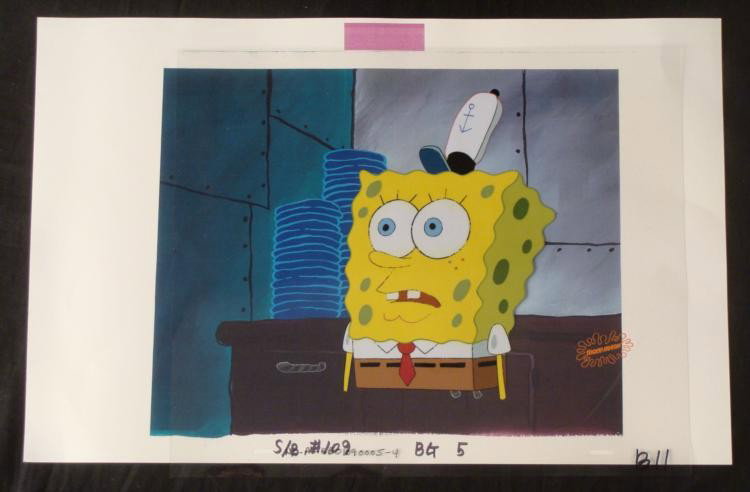 Work In Kitchen Background SpongeBob Original Cel Art: This animation cel and reproduction background are from the Nickelodeon TV show SpongeBob Squarepants. The story takes place under the deep blue sea in Bikini Bottom, where Sponge