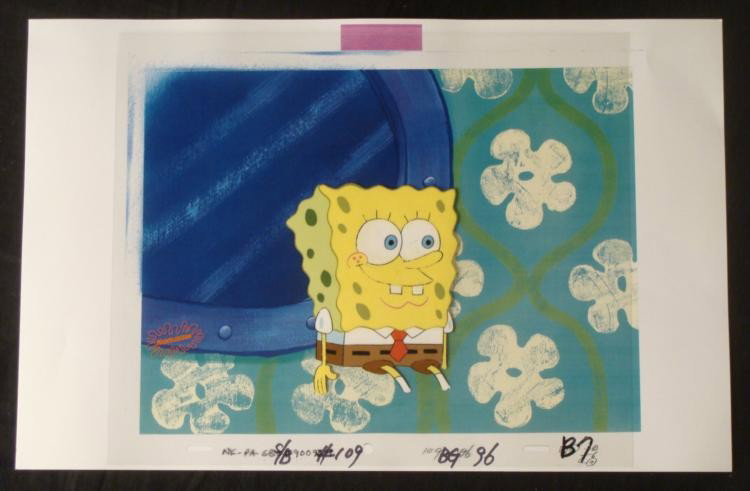 SpongeBob Sitting Original Animation Art Cel Background: This animation cel and reproduction background are from the Nickelodeon TV show SpongeBob Squarepants. The story takes place under the deep blue sea in Bikini Bottom, where Sponge